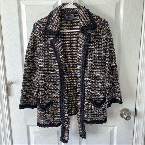 St John Couture Gold Black White Knit Open Jacket Ruby Stone Pocket Jewel - Picture 8 of 9